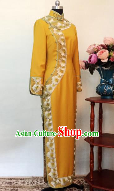 Chinese Traditional Customized Yellow Cheongsam National Costume Classical Qipao Dress for Women