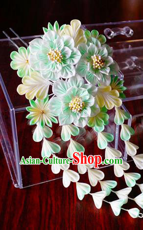 Asian Japan Geisha Green Flowers Tassel Hairpins Japanese Traditional Hair Accessories for Women