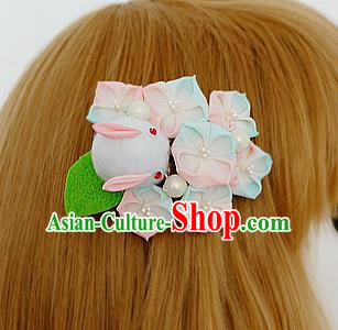 Asian Japan Geisha Blue Sakura Rabbit Hair Claw Japanese Traditional Hair Accessories for Women