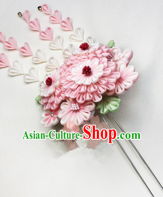 Asian Japan Traditional Geisha Pink Chrysanthemum Tassel Hairpins Japanese Kimono Hair Accessories for Women