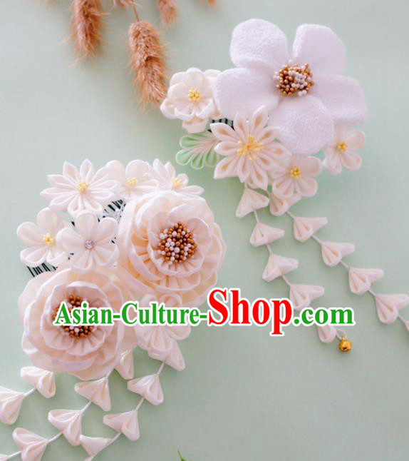 Japanese Traditional Hair Accessories Asian Japan Geisha White Flowers Tassel Hairpins for Women