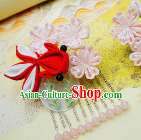 Asian Japan Traditional Geisha Red Goldfish Sakura Tassel Hair Claw Japanese Kimono Hair Accessories for Women