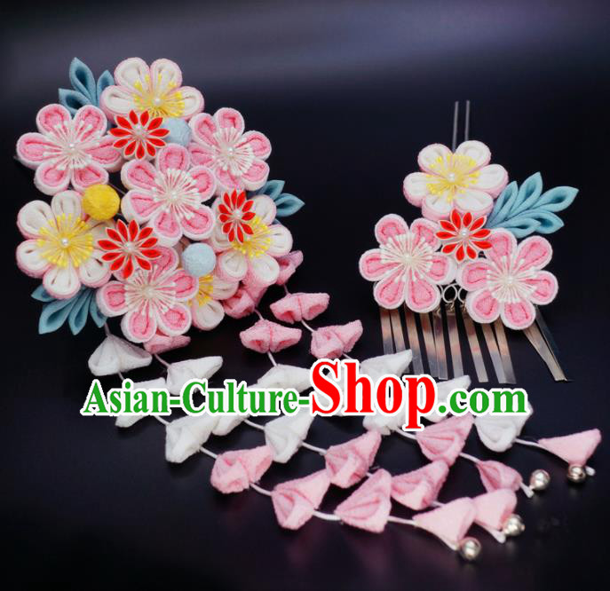 Asian Japan Traditional Geisha Pink Sakura Tassel Hairpins Japanese Kimono Hair Accessories for Women