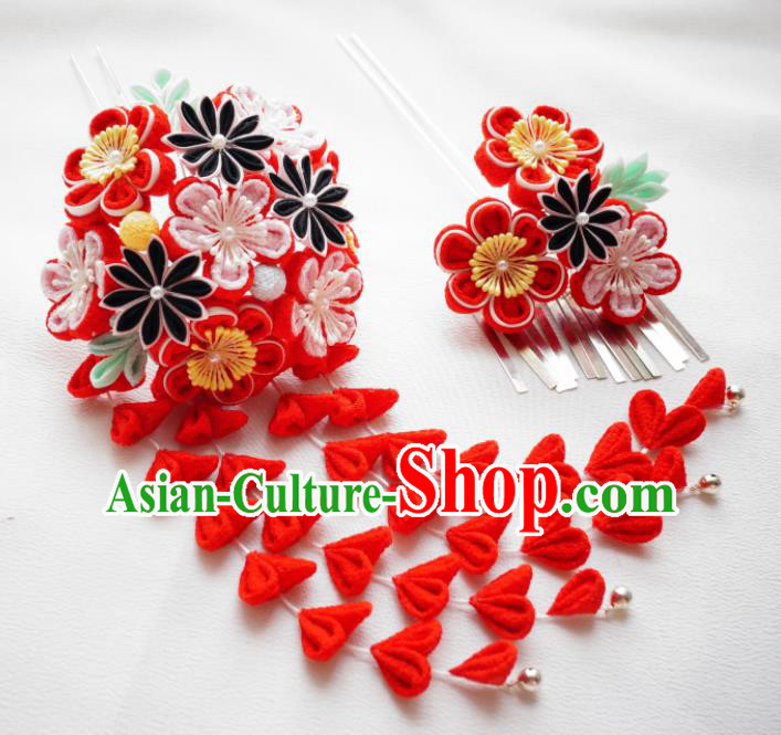 Asian Japan Traditional Geisha Red Sakura Tassel Hairpins Japanese Kimono Hair Accessories for Women