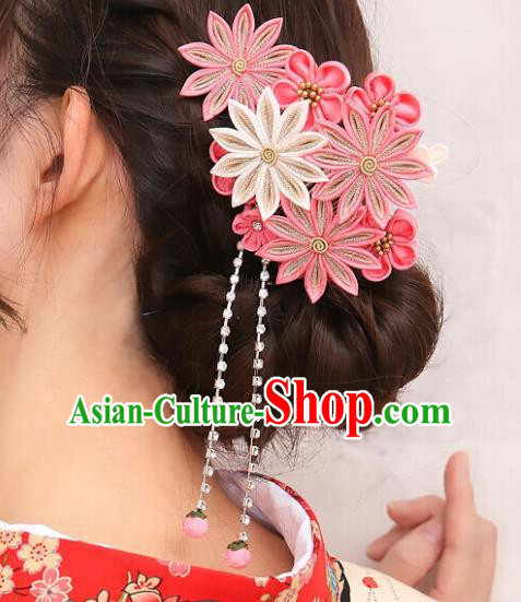 Asian Japan Traditional Geisha Pink Chrysanthemum Tassel Hair Claw Japanese Kimono Hair Accessories for Women