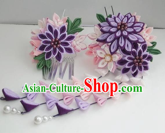 Asian Japan Traditional Geisha Purple Chrysanthemum Tassel Hairpins Japanese Kimono Hair Accessories for Women