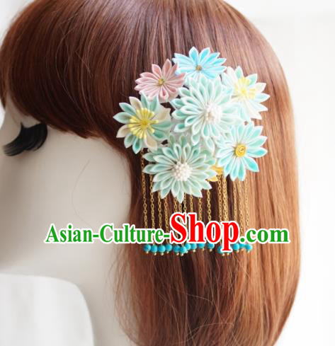 Asian Japan Traditional Geisha Blue Chrysanthemum Tassel Hair Claw Japanese Kimono Hair Accessories for Women