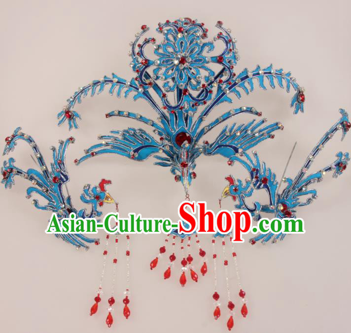 Traditional Chinese Beijing Opera Diva Hair Accessories Blue Phoenix Hairpins Ancient Court Princess Headwear for Women