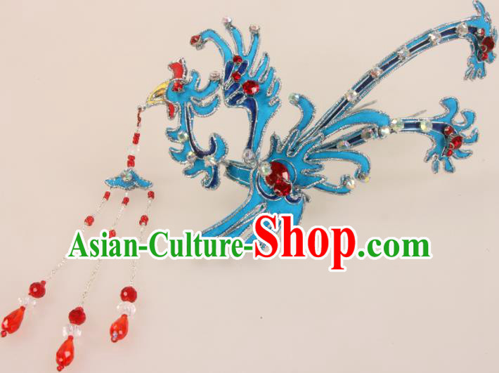 Traditional Chinese Beijing Opera Diva Hair Accessories Blue Phoenix Hairpins Ancient Court Princess Headwear for Women