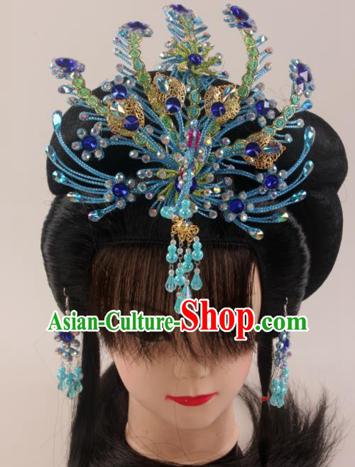 Traditional Chinese Beijing Opera Diva Blue Phoenix Hairpins Hair Accessories Ancient Court Princess Headwear for Women