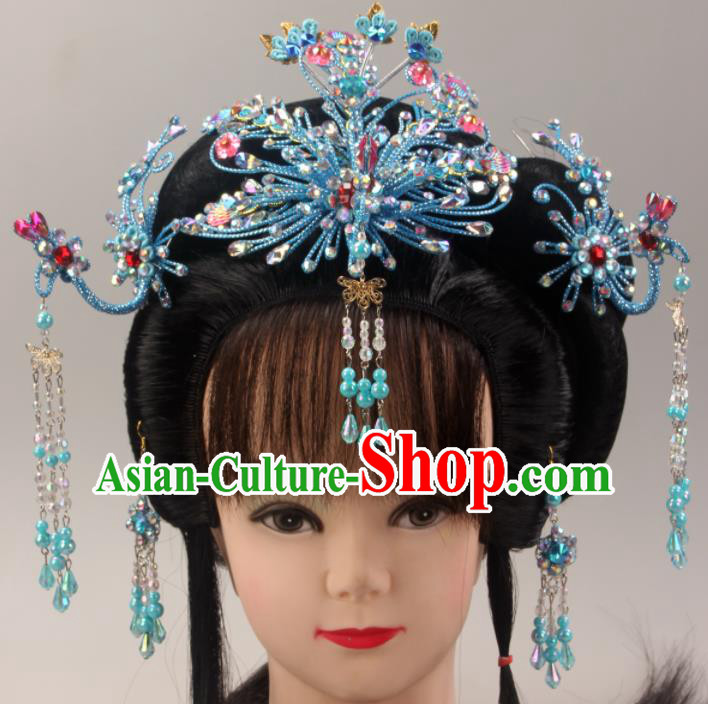 Traditional Chinese Beijing Opera Queen Blue Phoenix Hairpins Hair Accessories Ancient Court Princess Headwear for Women