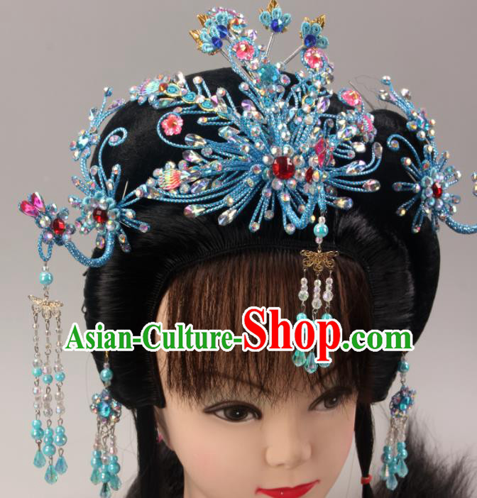Traditional Chinese Beijing Opera Queen Blue Phoenix Hairpins Hair Accessories Ancient Court Princess Headwear for Women