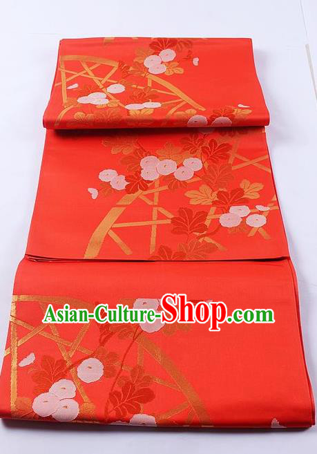 Traditional Japanese Classical Flowers Pattern Red Waistband Kimono Brocade Accessories Yukata Belt for Women