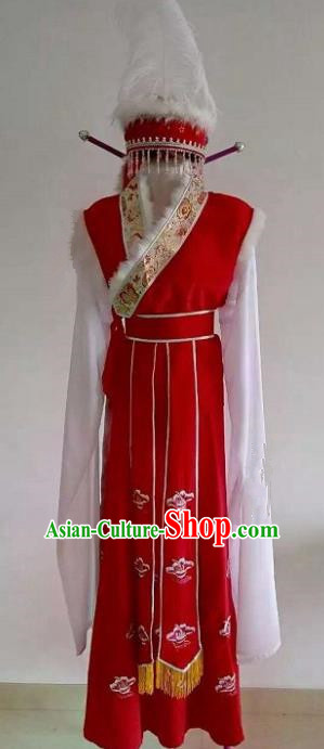 Handmade Traditional Chinese Beijing Opera Ethnic Princess Red Dress Ancient Court Lady Costumes and Hat for Women