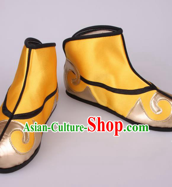 Traditional Chinese Beijing Opera Takefu Yellow Boots Handmade Ancient Swordsman Shoes for Men