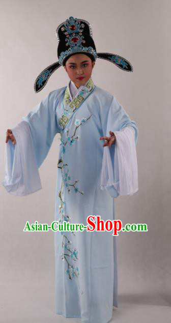 Traditional Chinese Shaoxing Opera Niche Costume Ancient Scholar Embroidered Plum Blue Robe Clothing for Men