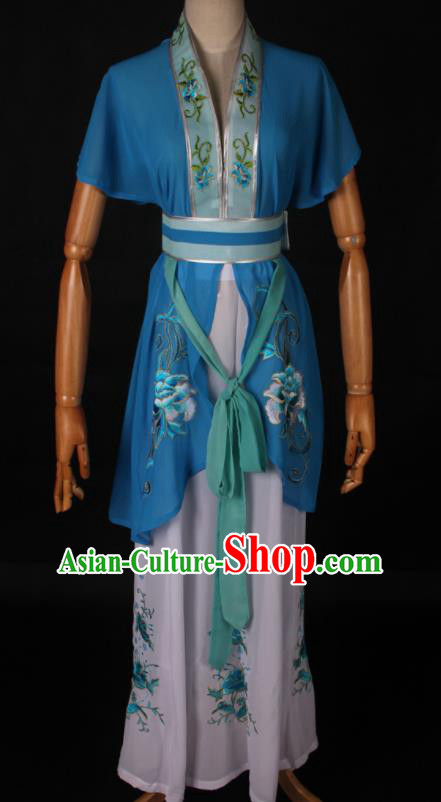 Traditional Chinese Shaoxing Opera Maidservant Lake Blue Dress Ancient Peking Opera Poor Lady Costume for Women