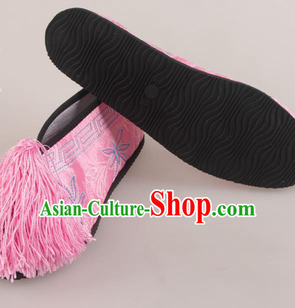 Traditional Chinese Beijing Opera Diva Pink Embroidered Shoes Handmade Ancient Princess Blood Stained Shoes for Women