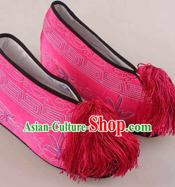 Traditional Chinese Beijing Opera Diva Rosy Height Embroidered Shoes Handmade Ancient Princess Blood Stained Shoes for Women