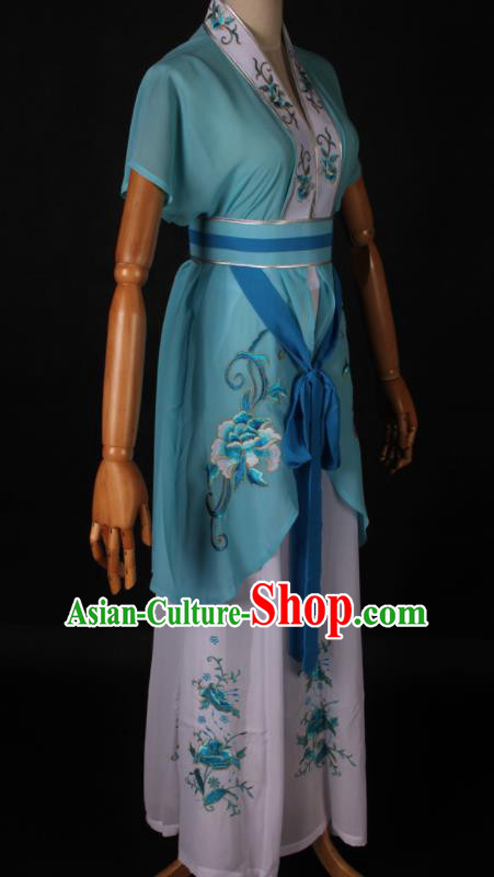 Traditional Chinese Shaoxing Opera Maidservant Light Blue Dress Ancient Peking Opera Poor Lady Costume for Women