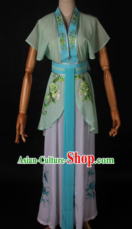 Traditional Chinese Shaoxing Opera Maidservant Light Green Dress Ancient Peking Opera Poor Lady Costume for Women