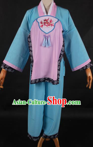 Traditional Chinese Shaoxing Opera Maidservants Blue Clothing Ancient Peking Opera Poor Lady Costume for Women