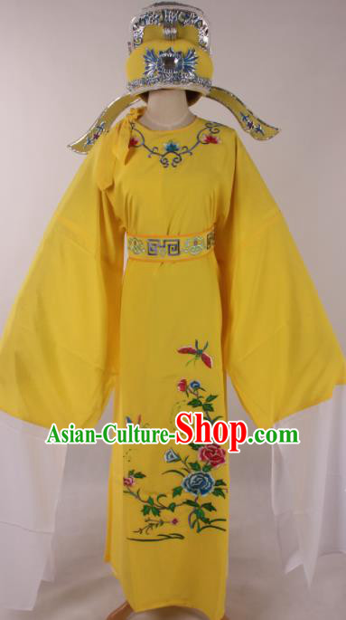 Traditional Chinese Shaoxing Opera Niche Embroidered Peony Yellow Robe Ancient Nobility Childe Costume for Men
