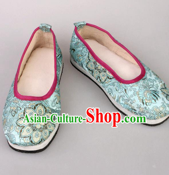 Traditional Chinese Beijing Opera Hanfu Blue Shoes Handmade Ancient Princess Blood Stained Shoes for Women