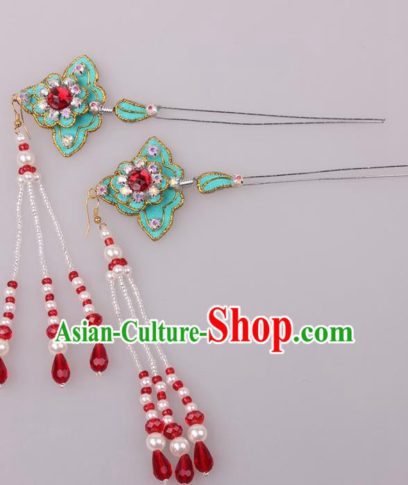 Traditional Chinese Shaoxing Opera Diva Green Hairpins Ancient Princess Hair Accessories Headwear for Women