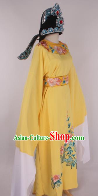 Traditional Chinese Shaoxing Opera Gifted Scholar Yellow Robe Ancient Childe Costume and Hat for Men