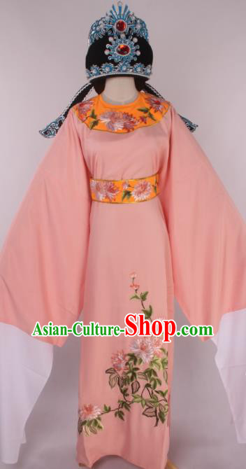 Traditional Chinese Shaoxing Opera Gifted Scholar Pink Robe Ancient Childe Costume and Hat for Men