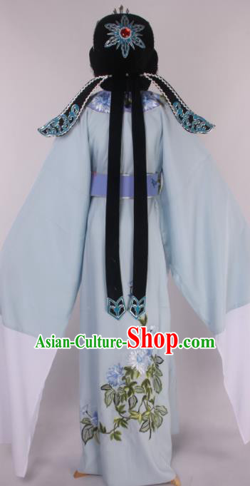 Traditional Chinese Shaoxing Opera Gifted Scholar Light Blue Robe Ancient Childe Costume and Hat for Men