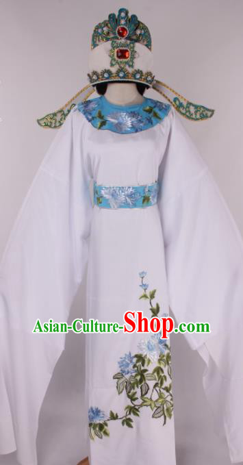 Traditional Chinese Shaoxing Opera Gifted Scholar White Robe Ancient Childe Costume and Hat for Men