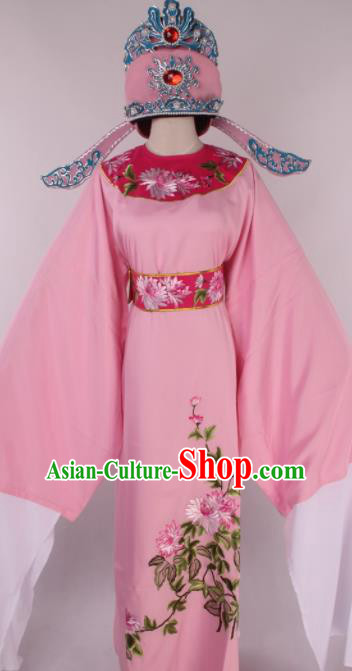 Traditional Chinese Shaoxing Opera Gifted Scholar Pink Robe Ancient Childe Costume and Hat for Men