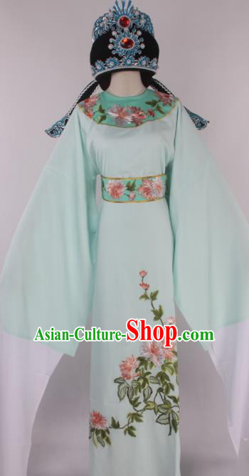 Traditional Chinese Shaoxing Opera Gifted Scholar Light Green Robe Ancient Childe Costume and Hat for Men