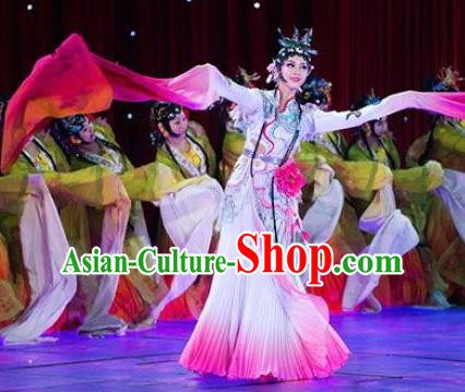 Traditional Chinese Classical Dance Flowers Contend in Beauty Costume Peking Opera White Water Sleeve Dress for Women