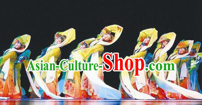 Traditional Chinese Classical Dance Bai Hua Zheng Yan Costume Peking Opera Water Sleeve Yellow Dress for Women