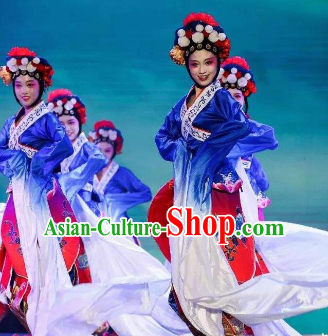 Traditional Chinese Classical Dance Cai Wei Costume Group Dance Water Sleeve Blue Dress for Women