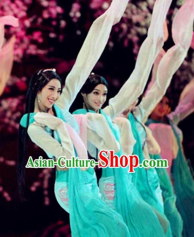 Traditional Chinese Classical Dance Cai Wei Costume Group Dance Water Sleeve Green Dress for Women