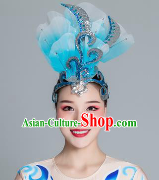 Traditional Chinese Folk Dance Blue Silk Flower Hair Clasp Fan Dance Yanko Dance Headwear for Women