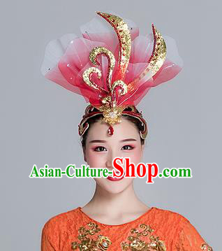 Traditional Chinese Folk Dance Red Silk Flower Hair Clasp Fan Dance Yanko Dance Headwear for Women