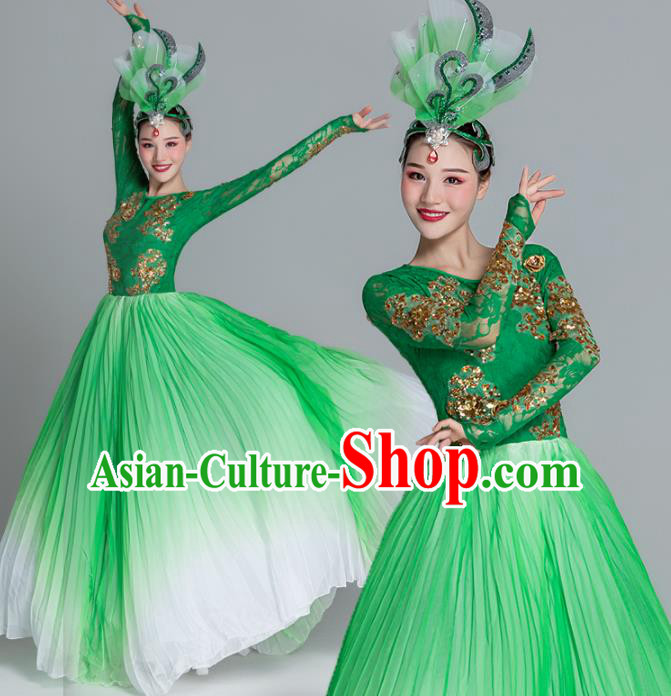 Traditional Chinese Classical Dance Green Dress Stage Show Opening Dance Costume for Women