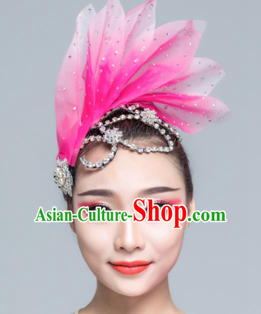 Traditional Chinese Folk Dance Pink Silk Leaf Hair Clasp Fan Dance Yanko Dance Headwear for Women