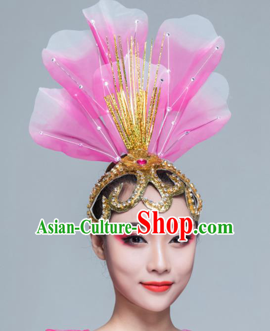 Traditional Chinese Folk Dance Pink Silk Hair Clasp Fan Dance Yanko Dance Headwear for Women