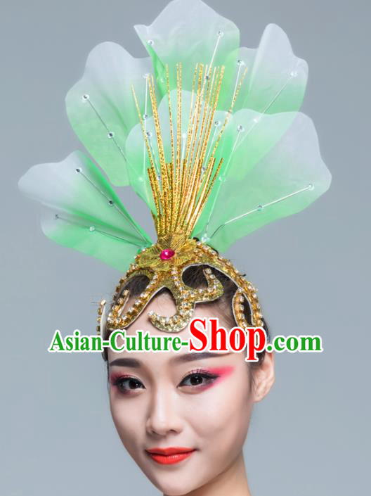 Traditional Chinese Folk Dance Green Silk Hair Clasp Fan Dance Yanko Dance Headwear for Women