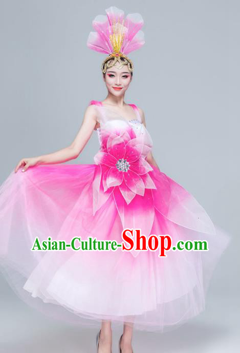 Traditional Chinese Spring Festival Gala Opening Dance Pink Dress Stage Show Chorus Costume for Women