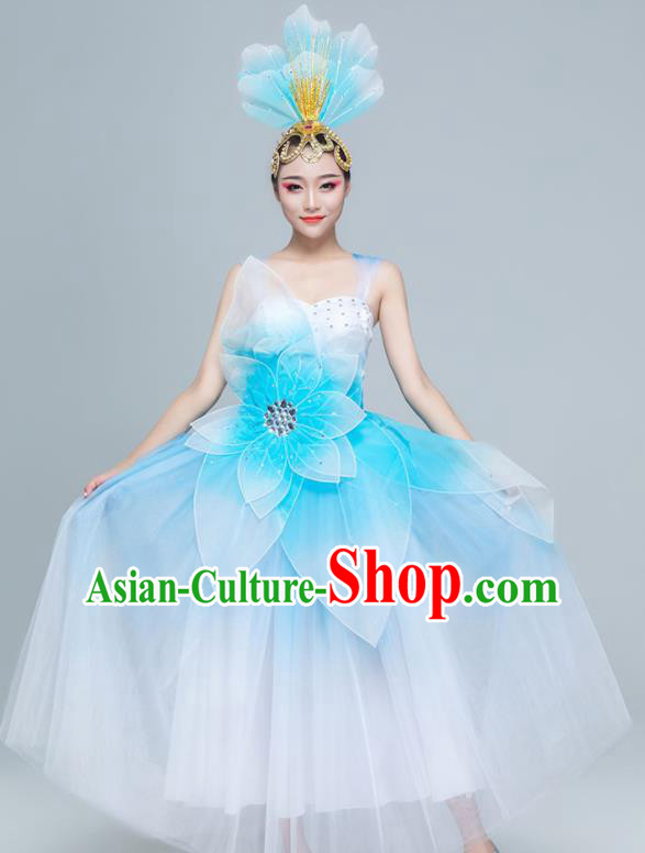 Traditional Chinese Spring Festival Gala Opening Dance Blue Dress Stage Show Chorus Costume for Women