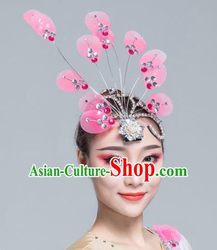 Traditional Chinese Yanko Dance Pink Silk Hair Claw Folk Dance Fan Dance Headwear for Women