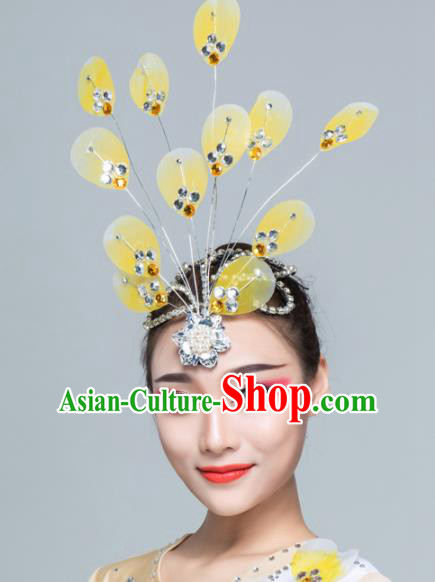 Traditional Chinese Yangko Dance Yellow Silk Hair Claw Folk Dance Fan Dance Headwear for Women