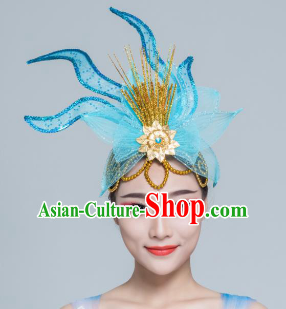 Traditional Chinese Yangko Dance Blue Lotus Hair Claw Folk Dance Fan Dance Headwear for Women